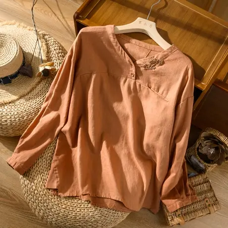 国风亚麻衬衫文艺复古刺绣百搭棉麻上衣宽松V领衬衣2022春夏新款图片