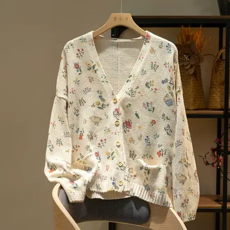 享永子长袖针织开衫女春秋文艺复古气质小众设计卡通图案2023新款商品大图