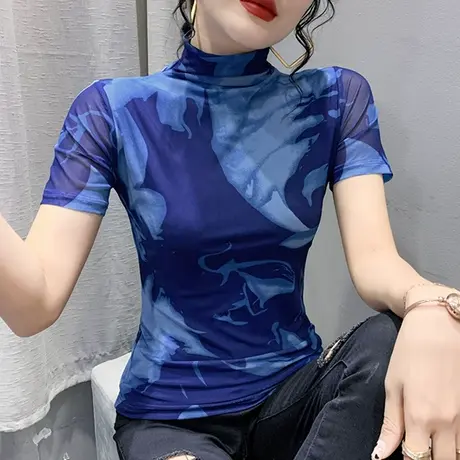 半高领网纱短袖打底衫女内搭欧货性感气质漂亮T恤减龄修身上衣ins商品大图