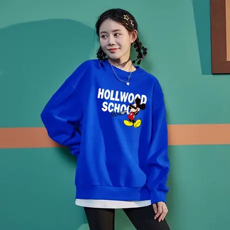 克莱因蓝色圆领女士卫衣2023新款秋冬薄款设计感小众米奇长袖上衣图片