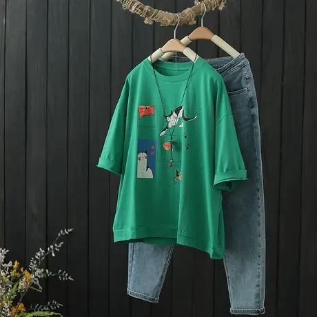 短袖t恤女2022年新款夏季女装宽松显瘦纯棉印花设计感小众体恤衫商品大图