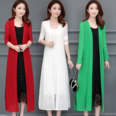 春夏新款过膝长袖防晒衣长款披风空调衫网纱开衫蕾丝外搭薄款外衣图片