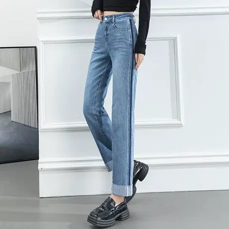 卷边高腰窄版直筒牛仔裤女2023新款春夏薄款女裤小个子九分烟管裤商品大图