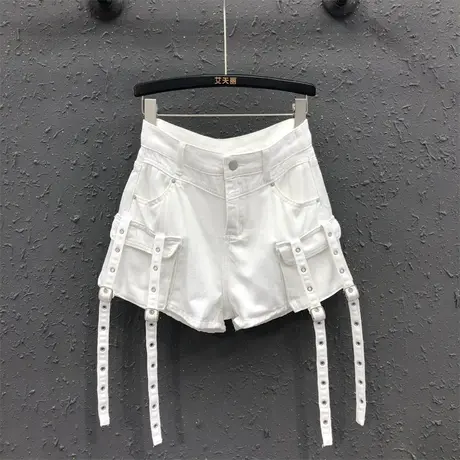 2023夏季新款甜辣绑带白色工装设计感显瘦牛仔短裤女a字阔腿热裤图片