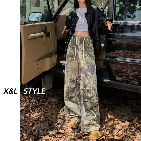 迷彩工装裤女春秋2023新款显瘦直筒宽松美式高街抽绳休闲阔腿裤子图片