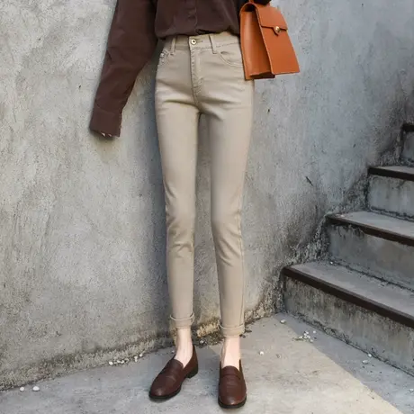 卡其色裤子女2023新款时尚洋气春秋修身烟管高腰小脚裤加绒铅笔裤商品大图