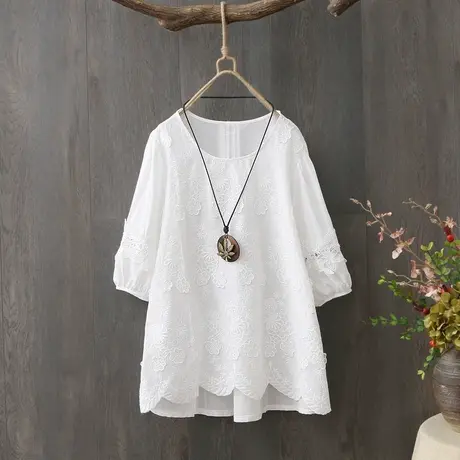 白色短袖t恤女2023新款文艺范纯棉刺绣夏季薄款打底上衣半袖体恤图片