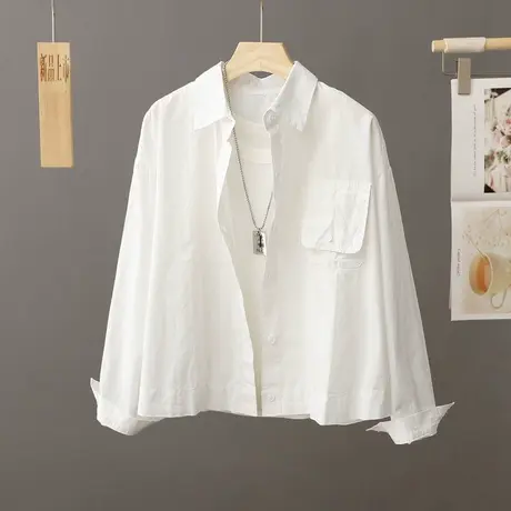 休闲白色衬衫外套女式短款春秋季长袖百搭学院风洋气上衣外搭衬衣图片