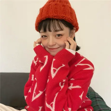 红续新年圣诞红色提花毛衣女显白套头针织衫小众设计秋冬新款上衣图片