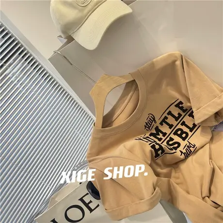 奶茶色植绒字母T恤女2022春季宽松圆领白色打底上衣翻边短袖体恤商品大图