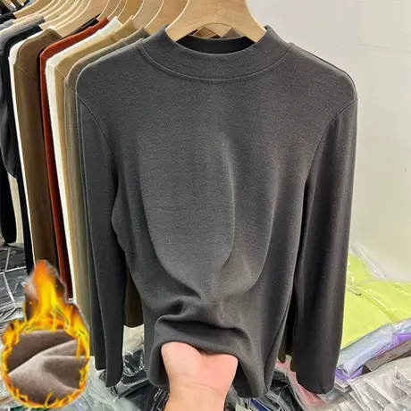 2023秋冬季新款半高领德绒加厚打底衫女加绒内搭长袖t恤保暖上衣商品大图