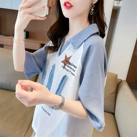 小众设计感短袖t恤女2023新款夏季韩版宽松polo领撞色小个子上衣图片