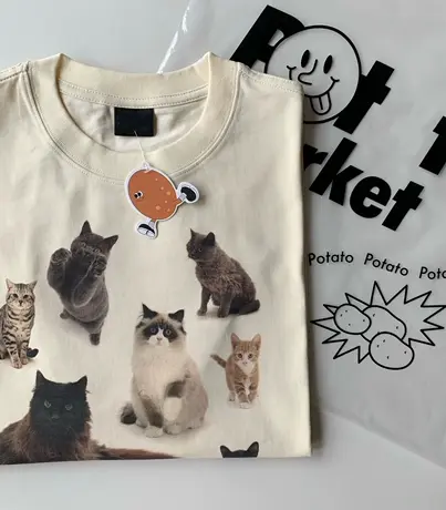 纯棉短袖t恤女复古小众设计感猫咪印花夏季宽松圆领韩版半袖上衣图片