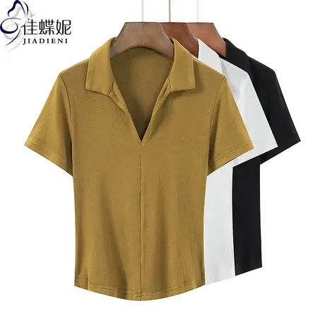 夏季新款韩版翻领下摆圆弧纯欲修身纯色纯棉短袖体恤上衣内搭女装图片