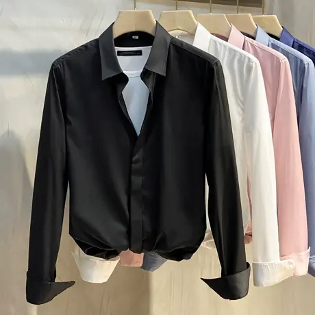 男士纯色衬衫免烫抗皱春季新款男士商务休闲百搭轻奢长袖衬衣内搭商品大图