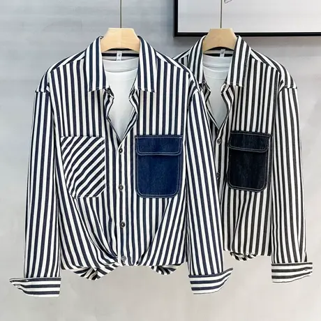潮牌水洗条纹牛仔长袖衬衫男日系休闲通勤蓝色衬衣口袋设计感外套商品大图
