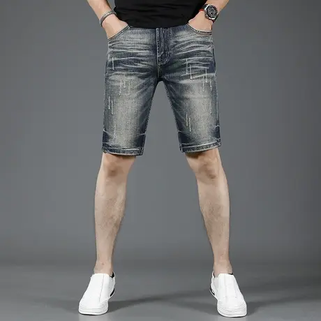 高街复古牛仔短裤男夏季薄款2023新款五分裤修身弹力潮流男士中裤商品大图