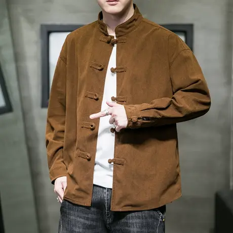 灯芯绒衬衫男长袖中式唐装衬衣中国风盘扣复古宽松大码外套上衣服商品大图