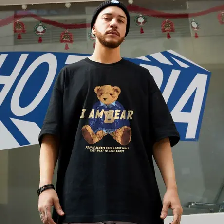 纯棉小熊短袖T恤男2023夏新款原宿风设计感小众大码半袖体恤ins潮商品大图