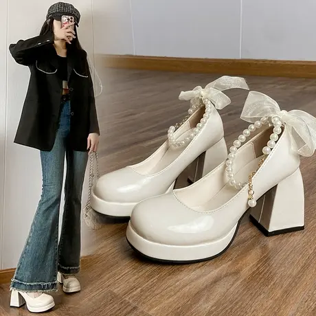蝴蝶结玛丽珍高跟鞋女2023春秋新款复古法式圆头珍珠白色粗跟单鞋图片