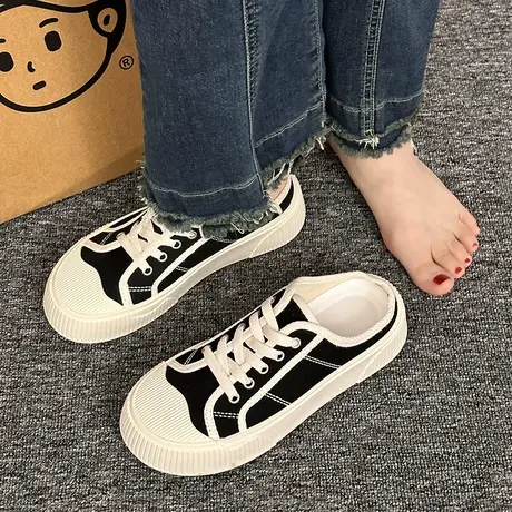 小众半拖小白帆布板鞋女春秋ins潮2023年新款包头百搭休闲运动鞋图片