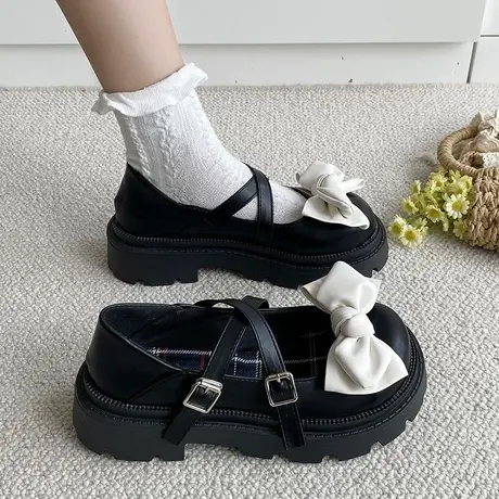 玛丽珍女鞋2023年春夏季新款粗跟蝴蝶结小皮鞋英伦风甜美气质单鞋商品大图