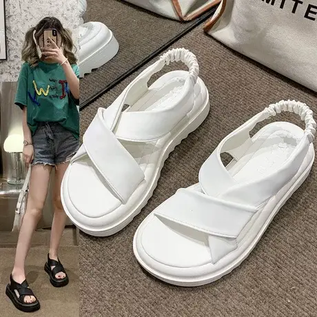 厚底凉鞋女夏外穿松紧带新款ins潮配裙子软皮仙女风学生交叉凉鞋商品大图