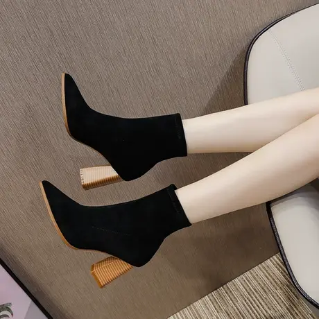 袜靴女粗跟短靴2022新款秋冬中筒尖头弹力靴高跟单靴网红瘦瘦靴子图片