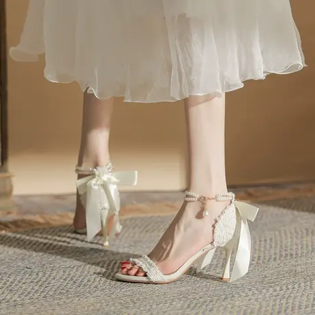 蝴蝶结高跟鞋女夏2023年新款气质百搭露趾一字带凉鞋仙女风配裙子商品大图
