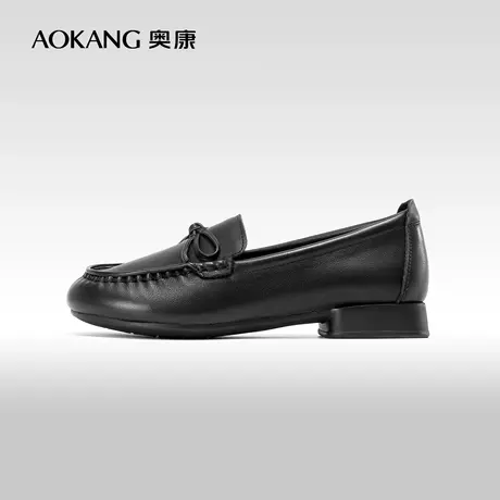 奥康女鞋 2023秋季新款真皮蝴蝶结浅口低跟一脚蹬豆豆鞋淑女单鞋商品大图