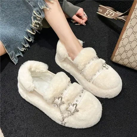 高级感毛毛鞋女冬外穿2023新款软厚底一脚蹬豆豆鞋孕妇加绒棉瓢鞋商品大图