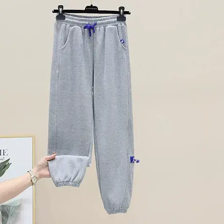 灰色运动裤女春秋2023年新款宽松显瘦大码胖mm束脚休闲哈伦卫裤子图片