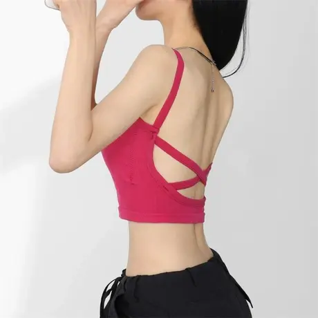 美背带胸垫吊带背心漏背裹胸抹胸玫红色无袖打底衣女夏内衣短上衣图片