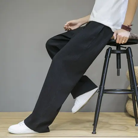 秋季薄款冰丝休闲裤垂感棉麻阔腿裤中国风直筒裤男青年宽松拖地裤图片