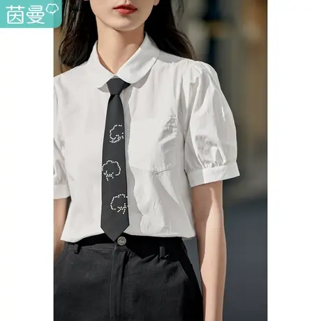 茵曼翻领衬衫女士2022夏季新款泡泡袖领带宽松显瘦学院风纯棉衬衣图片