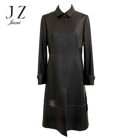 JZ玖姿商场同款2022春季黑色长款皮衣绵羊皮风衣女外套JWBQ01131图片