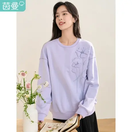 【商场同款】茵曼2023春女装新款通勤立体绣花圆领落肩宽松卫衣图片