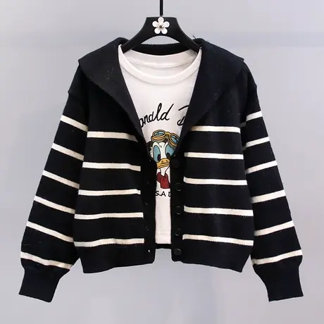 小香风海军领条纹毛衣外套女秋冬2023新款宽松百搭小个子针织开衫商品大图