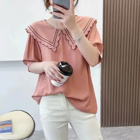 撞色娃娃领衬衫女设计感小众夏季新款百搭洋气薄款泡泡袖雪纺上衣商品大图