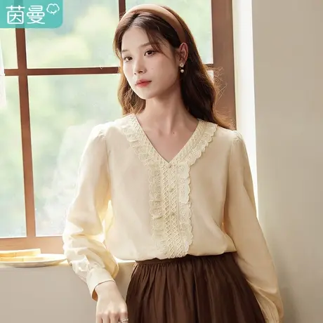 茵曼v领荷叶边衬衫女2023年秋季新款长袖法式气质衬衣上衣小个子图片
