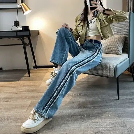 阔腿牛仔裤女春季2023年新款高腰宽松小众毛边流苏拼色直筒长裤子商品大图