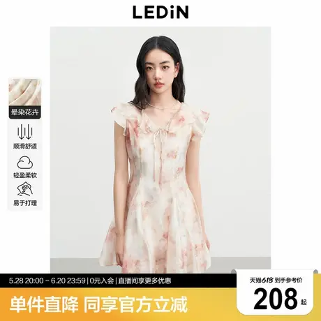 乐町晕染粉花双层荷叶边短裙25夏季新款V领系带连衣裙大裙摆伞裙商品大图