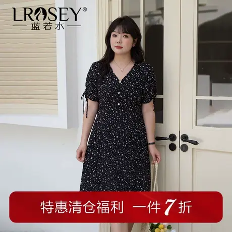 蓝若水大码女装胖mm夏季新品茶歇V领巨显瘦高腰碎花雪纺a字连衣裙图片