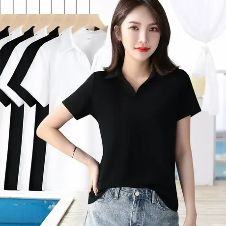 洋气翻领短袖t恤女2024夏季新款Polo衫修身显瘦百搭正肩减龄上衣图片