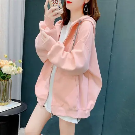 粉色连帽卫衣外套女春季2022年新款宽松慵懒风小个子拉链开衫上衣图片