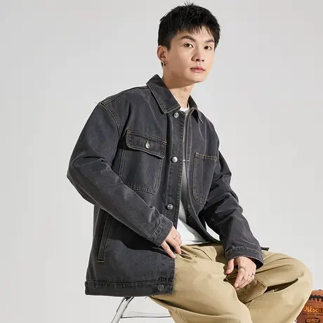 唐狮牛仔外套男秋季新款水洗翻领撞色辑线短款牛仔衣黑色复古图片