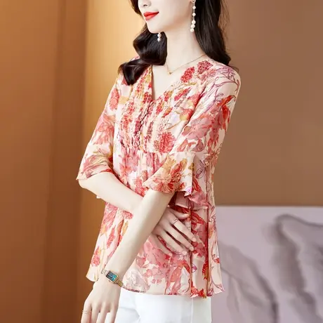 雪纺衫女2023新款夏季漂亮小衫遮肚子上衣洋气高端大码胖mm法式妈商品大图