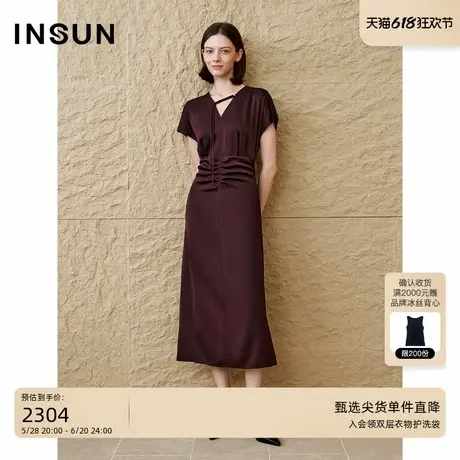 INSUN恩裳专选2025秋季新中式缩褶设计真丝连衣裙图片