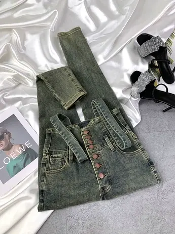 韩版排扣牛仔背带小脚裤女2023秋季新款显瘦高腰弹力吊带铅笔长裤图片