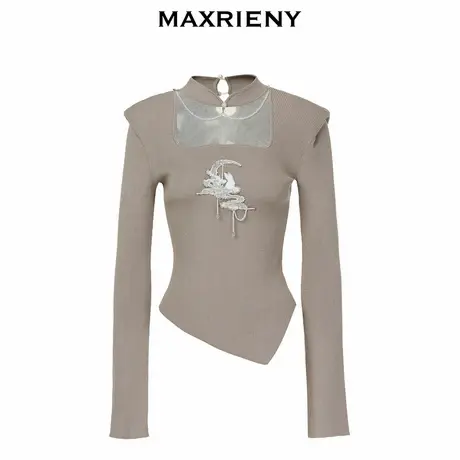 【奥莱】MAXRIENY仙美国风新中式套头针织修身垫肩上衣商品大图